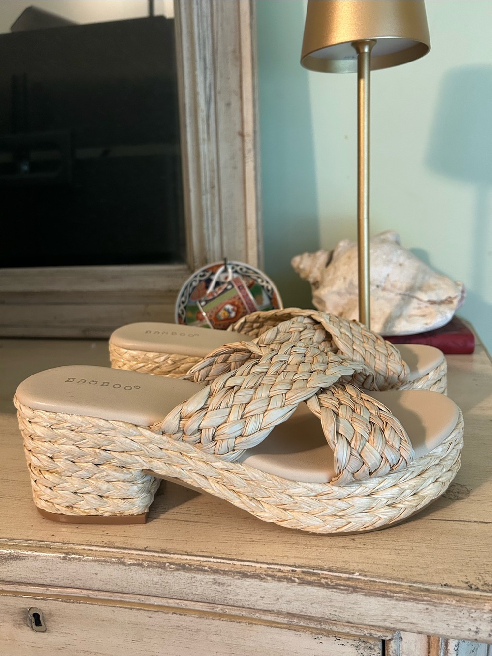Never Worn Bamboo Woven Platform Slide Sandals